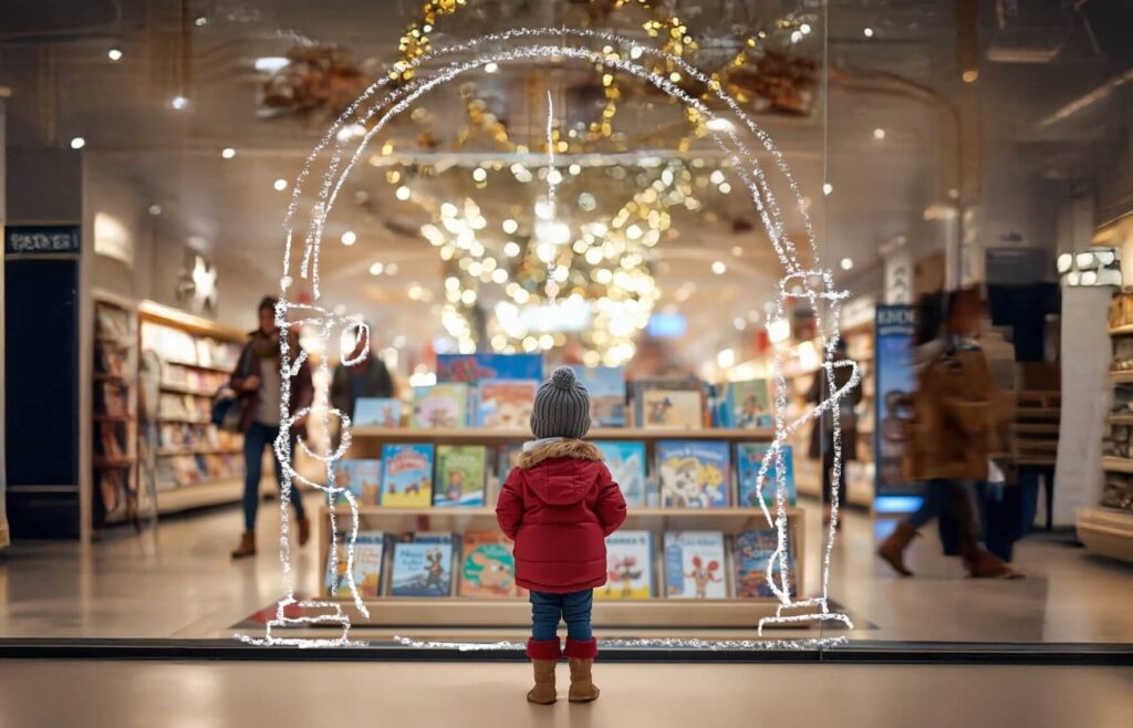 Dziewczynka przed księgarnią