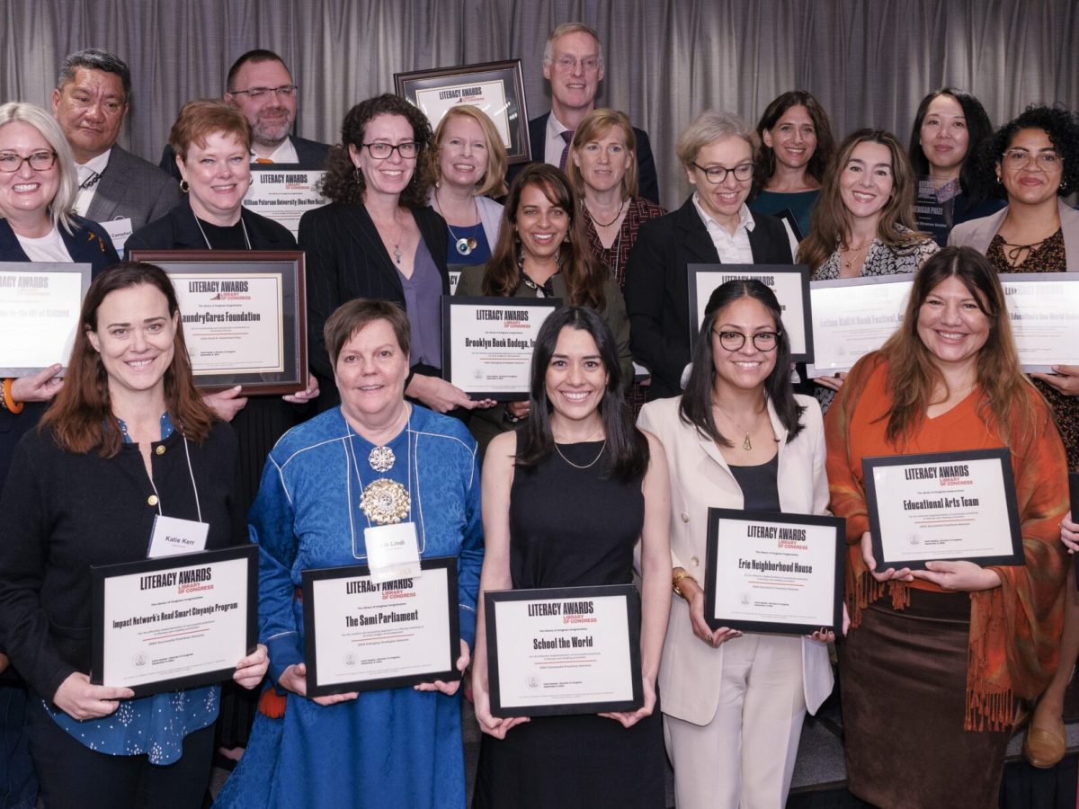 Librarian of Congress Carla Hayden poses with prize recipients at the 2024 Library of Congres Literacy Awards symposium, October 30. Photo by Shawn Miller/Library of Congress. Note: Privacy and publicity rights for individuals depicted may apply.